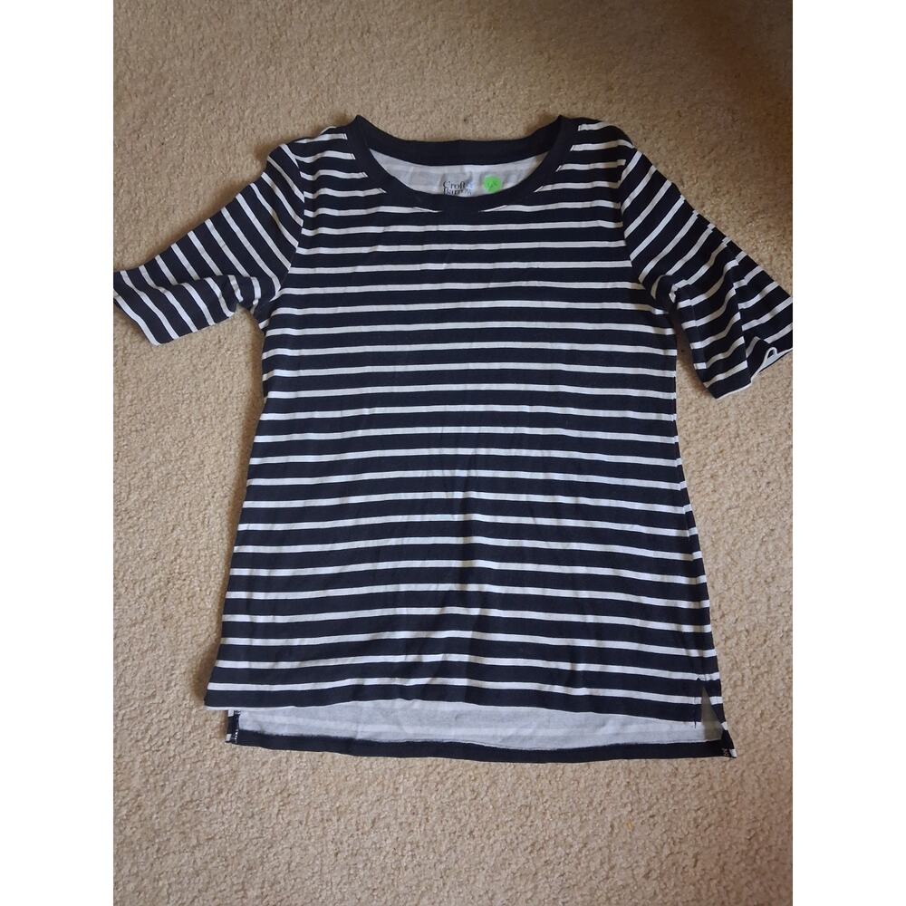 Croft & Barrow Woen's Navy White Striped Top Jersey Cotton Crew Neck Size S